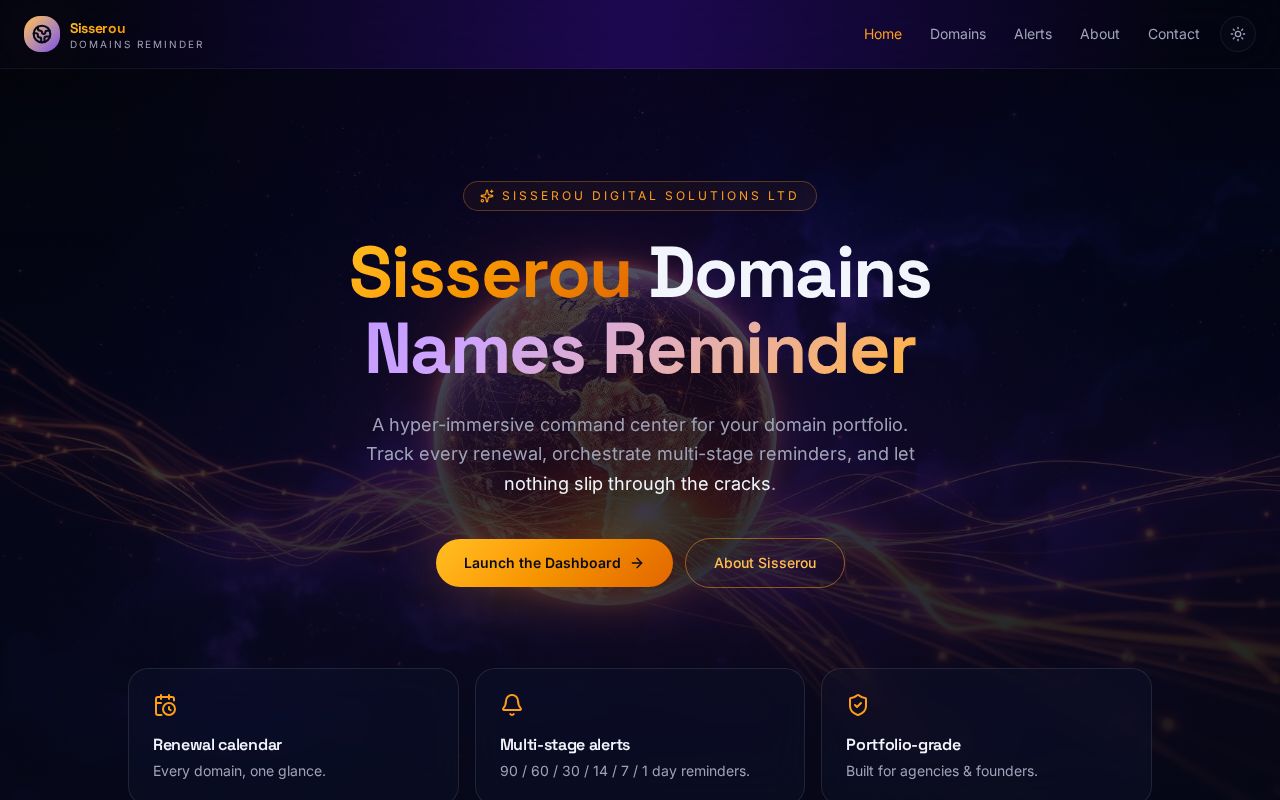 Sisserou Domain Keeper interface preview — Domain portfolio and renewal reminders, a tools product built with React, TypeScript, Vite